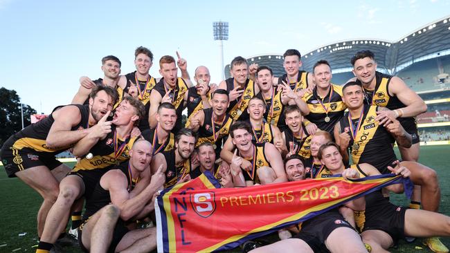 Tigers players celebrate after the 2023 SANFL Grand Final between Sturt and Glenelg at Adelaide Oval in Adelaide, Sunday, September 24, 2023. (SANFL Image/David Mariuz)