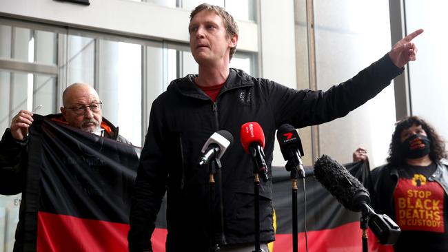 Black Lives Matter protest organiser Paddy Gibson talks to media after the Supreme Court handed down its decision not to allow the protest. Picture: NCA NewsWire/Damian Shaw