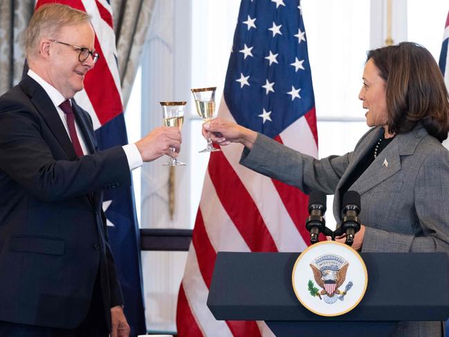 US Vice President Kamala Harris toasts Australian Prime Minister Anthony Albanese during a State Luncheon hosted by at the State Department in Washington, DC, October 26, 2023. (Photo by SAUL LOEB / AFP)