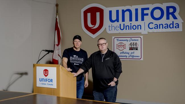 Unifor Local 200 president John D’Agnolo, left, and Unifor Local 444 president James Stewart, in Windsor, Ontario. Picture: Nic Antaya