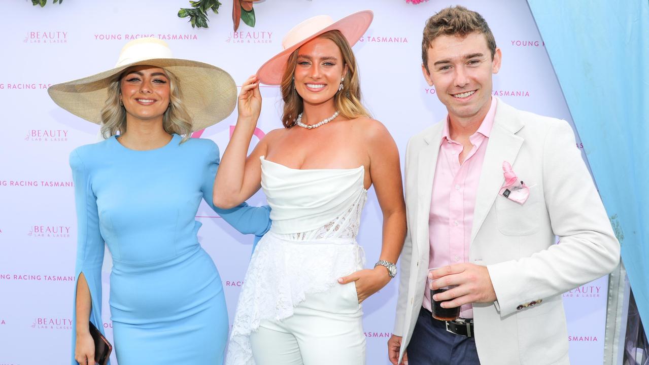 Holly Fowler, Grace Hayden and Jake Doran at the Hobart Cup Day. Picture : Mireille Merlet