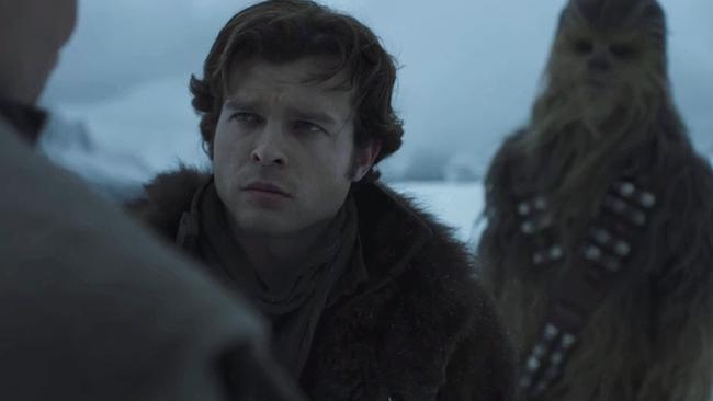 Han and Chewie in the new movie. The trailer reveals Chewie’s age, and in a blink-or-you’ll-miss-it moment, seems to show Chewie with a Wookie love interest. Picture: Disney