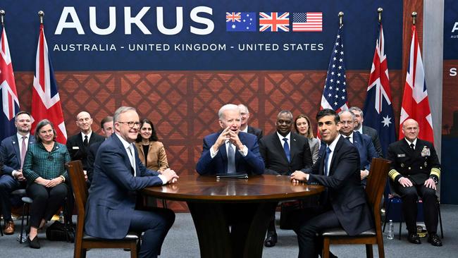 Joe Biden participates in a trilateral meeting with Rishi Sunak and Anthony Albanese during the AUKUS summit in March.