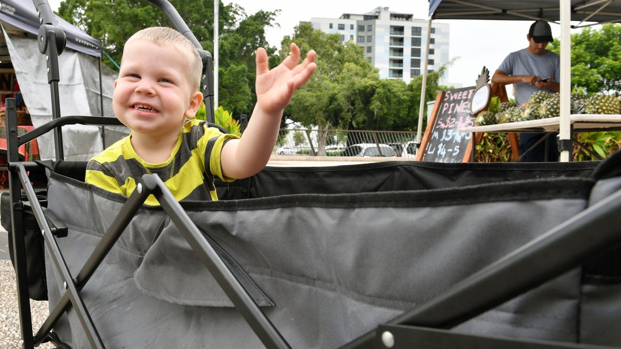 Buchanan Williams, 2, from North Mackay travelled around in style at the Greater Whitsunday Farmers Market. Picture: Tony Martin