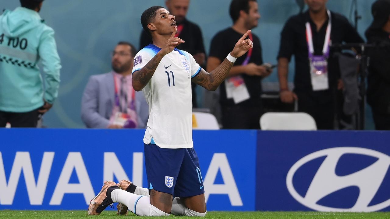 Marcus Rashford celebrates after scoring England’s first goal against Wales. Picture: Laurence Griffiths/Getty Images