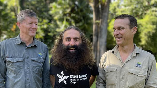 Beloved Australian landscape architect and gardening television personality, and Botanic Gardens Day Ambassador, Costa Georgiadis said he was delighted to visit Cairns Botanic Gardens and meet (left) CBG curator Charles Clarke and ganger Ross Thomas.: Alison Paterson