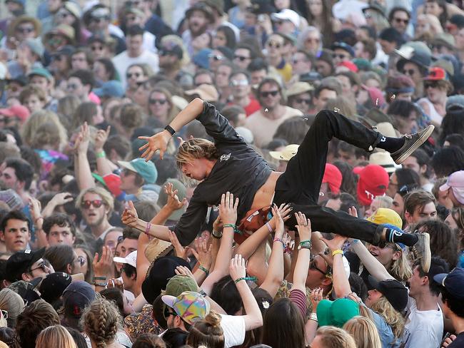 BYRON BAY, AUSTRALIA - JULY 23: A festival goer crowd surfs during King Gizzard & The Lizard Wizard's performance during Splendour in the Grass 2016 on July 23, 2016 in Byron Bay, Australia. (Photo by Mark Metcalfe/Getty Images)