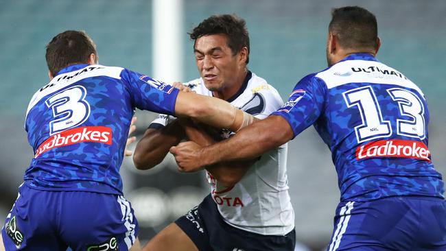 Te Maire Martin takes on the Bulldogs, unaware that his brain was bleeding. Picture: AAP Image/Brendon Thorne