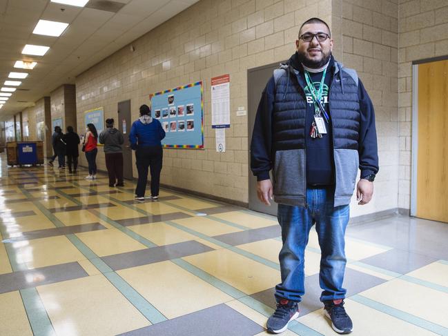 Francisco ‘Frank’ Perez, 33, poses for a portrait in the Kelly High School which is being used as an early voting location in Chicago, Illinois. Picture: Angus Mordant for News Corp Australia