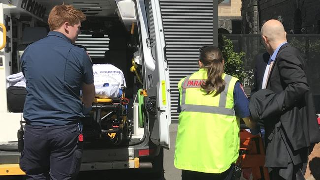 An ambulance outside state parliament after Labor MP Daniel Mulino suffered an unexpected medical issue during the euthanasia debate. Picture: Alex White.