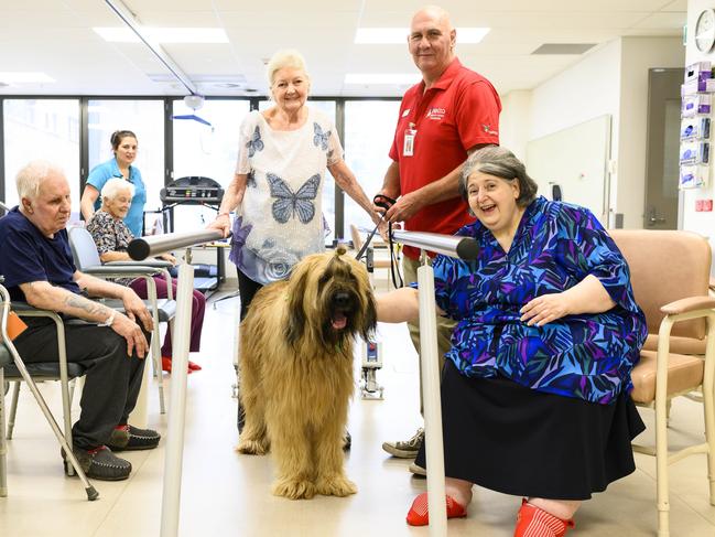 Delta therapy dog Mr Bojangles with owner Andrew Saran visiting stroke patients Shane Heather Allan and Jacqueline Merlino. Picture: Darren Leigh Roberts