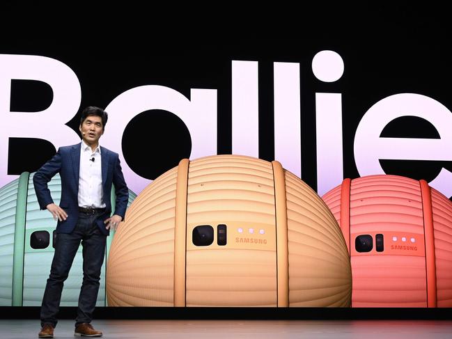 Sebastian Seung, executive vice president at Samsung Research, discusses Ballie, a small round companion robot that can react and interact with its owner. Picture: AFP