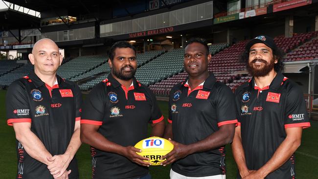 The Tiwi Bombers coaching staff. Picture: Felicity Elliott/AFLNT Media