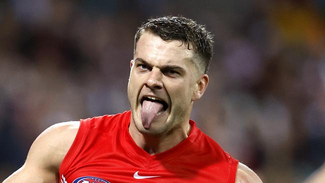 Sydney's Tom Papley celebrates kicking a goal  during the AFL Round 13 Pride Game match between the  Sydney Swans and St. Kilda Saints at the SCG on June 8, 2023. Photo by Phil Hillyard(Image Supplied for Editorial Use only - **NO ON SALES** - Â©Phil Hillyard )