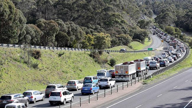 Commuter traffic backed up on the Southern Outlet after a car crash. Picture: SAM ROSEWARNE