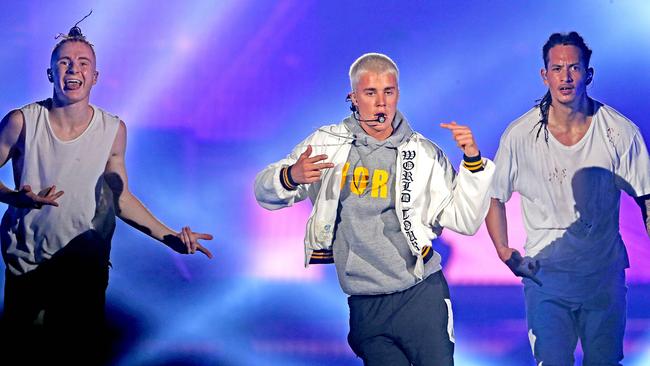 Bieber had a lukewarm commitment to looking joyful at his Melbourne concert. Picture: Tim Carrafa