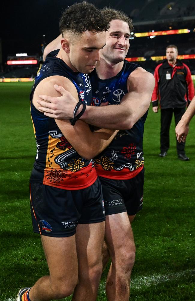 Lachie Sholl and Sam Berry had a big influence in the Crows’ win. Picture: Mark Brake/Getty Images