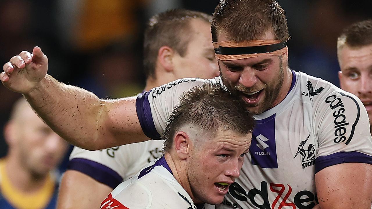 Harry Grant kept Melbourne’s round 1 record alive with a thrilling late try against the Eels. Picture: Cameron Spencer/Getty Images