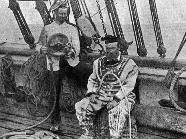 Captain Porter and JC Outridge on the deck of ship Crest of the Wave, the only boat to survive Cyclone Mahina in Cape York, 1899.