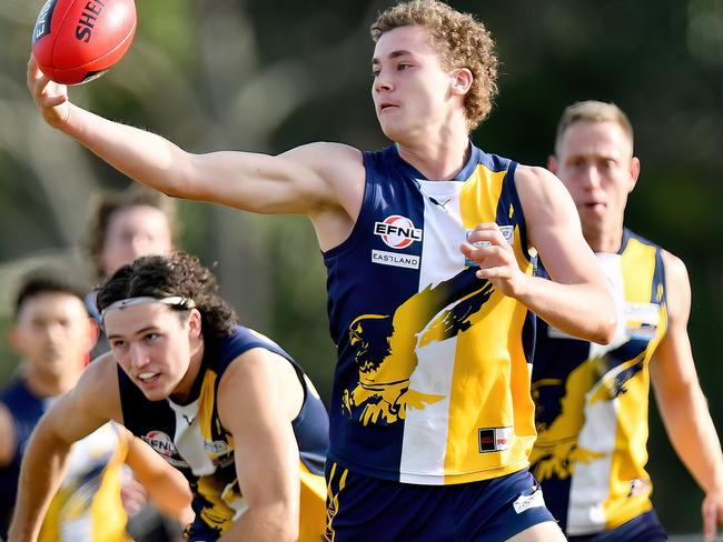 Kobe Shipp of Beaconsfield gathers the ball during the round six EFNL Division 1 Eastland Senior Mens match between Beaconsfield and Park Orchards at Beaconsfield Holm Park Reserve, on May 11, 2024, in Melbourne, Australia. (Photo by Josh Chadwick)