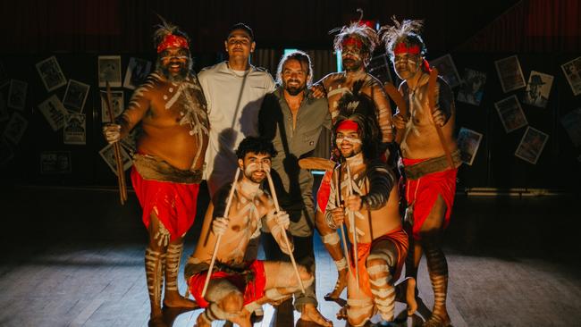 Xavier Rudd (centre) with hip-hop artist J-Milla (back row, second from left) and the Kabi Kabi dancers while filming the Ball and Chain music video. Picture: supplied