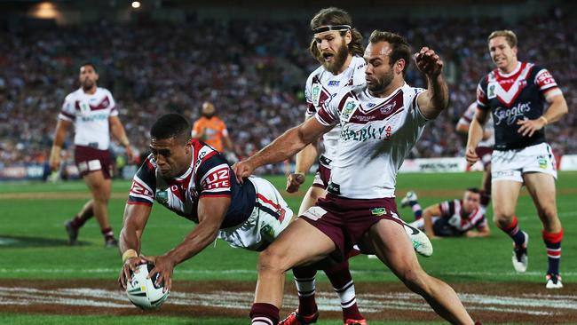 Jennings scores for the Roosters in the 2013 Grand Final.