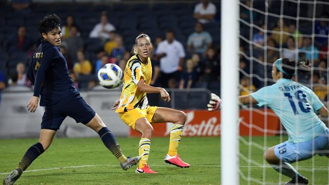 Australia's Emily Van Egmond scores the first goal against Thailand at Campbelltown Stadium