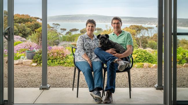 Emu Bay Holiday Homes owners Renè and Johannes Steyn and dog Fiela. Picture: Heidi Who