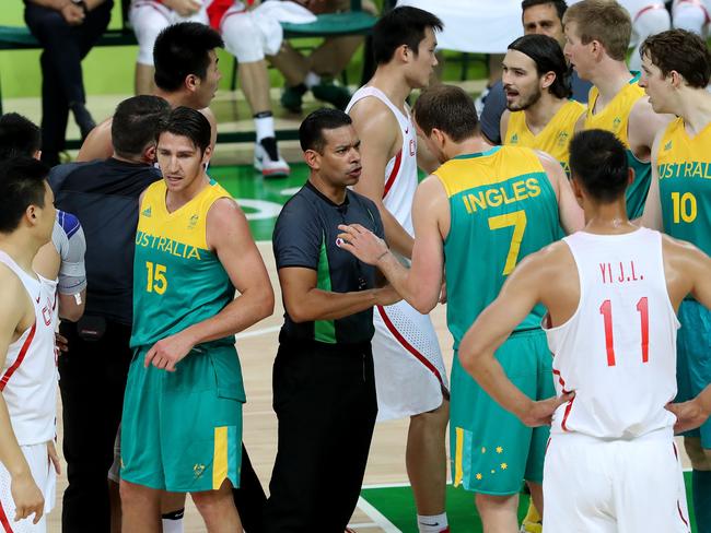 The aftermath of Joe Ingles’ foul v China. Picture: Adam Head