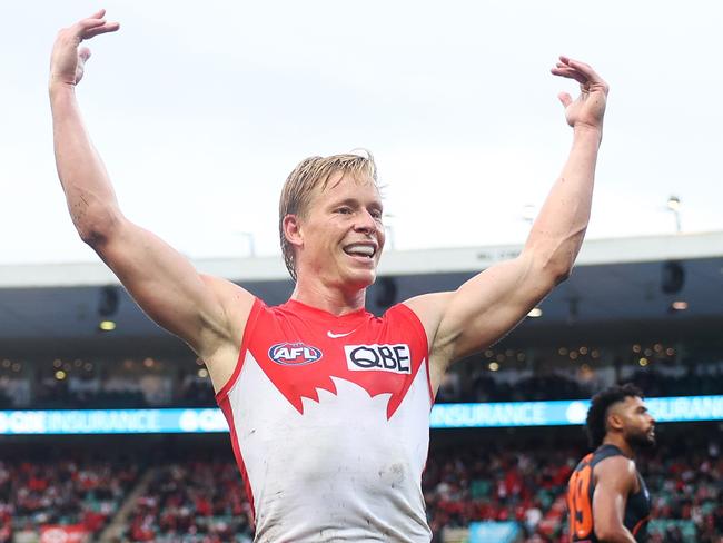 SYDNEY, AUSTRALIA - MAY 04: Isaac Heeney of the Swans celebrates kicking a goal during the round eight AFL match between Sydney Swans and Greater Western Sydney Giants at SCG, on May 04, 2024, in Sydney, Australia. (Photo by Mark Metcalfe/AFL Photos/via Getty Images )