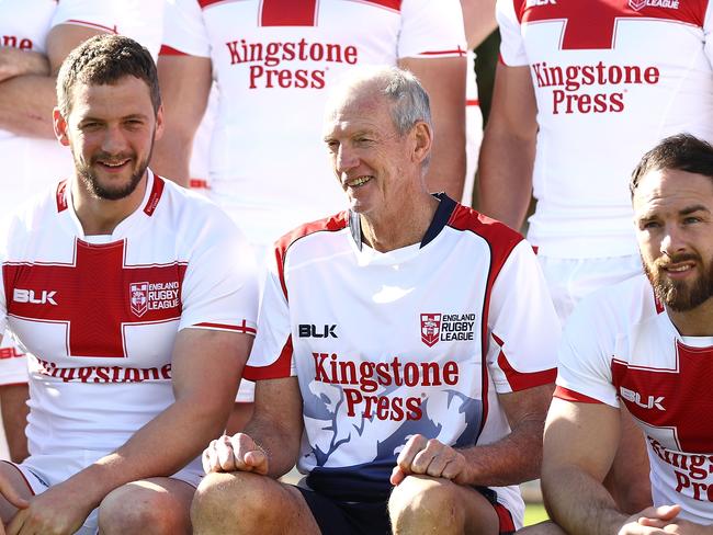 SYDNEY, AUSTRALIA - MAY 02:  Sean O'Loughlin of England and England Coach Wayne Bennett look on during an England Media Opportunity on May 2, 2017 in Sydney, Australia.  (Photo by Ryan Pierse/Getty Images)