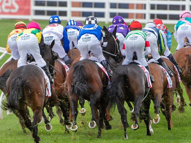 Caulfield Cup Day at the Melbourne Racing Club, Caulfield Racecourse.Race 9 the Stella Artois Caulfielf Cup, won by Mer De Glace, ridden by Damian Lane and trained by Hisashi Shimizu.The first time past the post and around the bend.Picture Jay Town