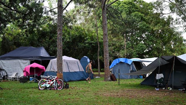 A number of tents belonging to people who are homeless at a park in Rothwell in Brisbane.