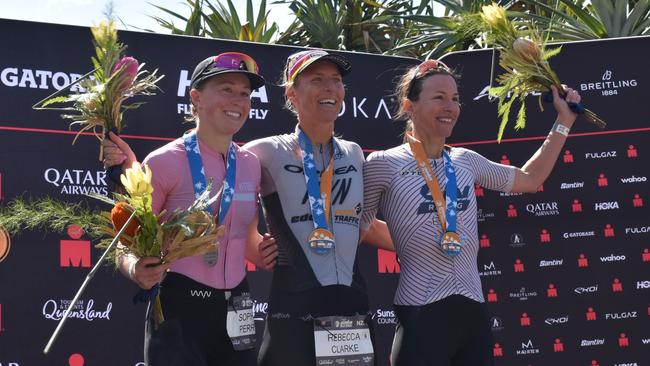 On the podium at the Sunshine Coast Ironman 70.3 2023.