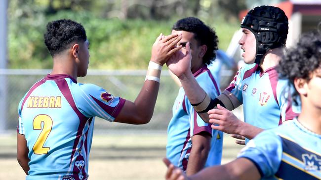 Keebra Park players celebrate a try Mabel Park v Keebra Park in the Walters Cup. Thursday August 18, 2022. Picture, John Gass