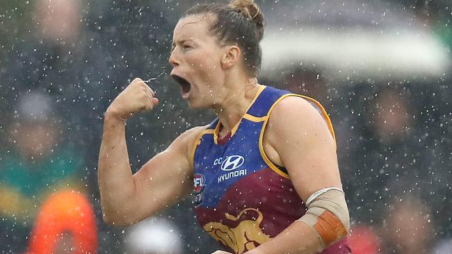 Brittany Gibson celebrates one of Brisbane’s goals. Picture: Getty Images