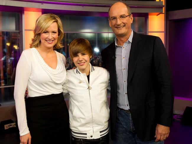 Justin Bieber with Sunrise hosts Melissa Doyle and David Koch when he was a guest on the show in the 26th April, 2010.