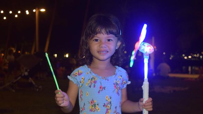 Brianna Davis, 3, from Airlie Beach watched the fireworks at the Airlie Beach foreshore in 2019. Picture: Laura Thomas