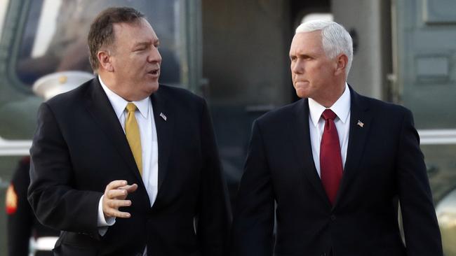 Vice President Mike Pence and Secretary of State Mike Pompeo at Andrews Air Force Bas en route to Turkey. Picture: AP.