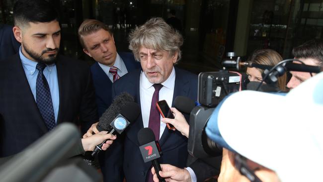 Salim Mehajer’s lawyer Brett Galloway speaks to the media after the alleged motor vehicle accident on his way to court. Picture: John Grainger