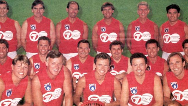 1993: Back - Dennis Cometti, Peter McKenna, Don Scott, Bernie Quinlan, Peter Landy, Bill McDonald. Centre: Gerard Healy, Max Stevens, Ron Barassi, Bob Davis, Ross Glendinning, Cameron Williams. Front: Michael Roberts, Sandy Roberts, Bruce McAvaney, Drew Morphett and Tim Watson. headshots. group shot.