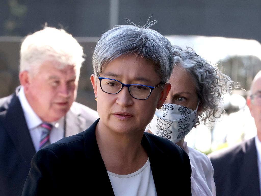 Penny Wong arrives at the funeral for Senator Kimberley Kitching. Picture: NCA NewsWire / David Geraghty.