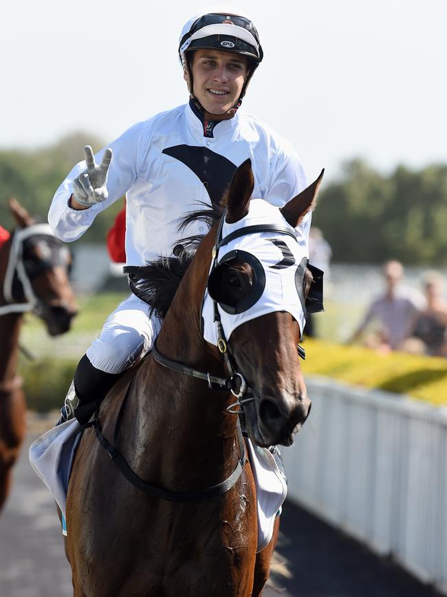 Gold Coast race meeting at Bundall. Race 4 winner No4 Calabria ridden by Jag Guthmann- Chester. Picture: Lawrence Pinder