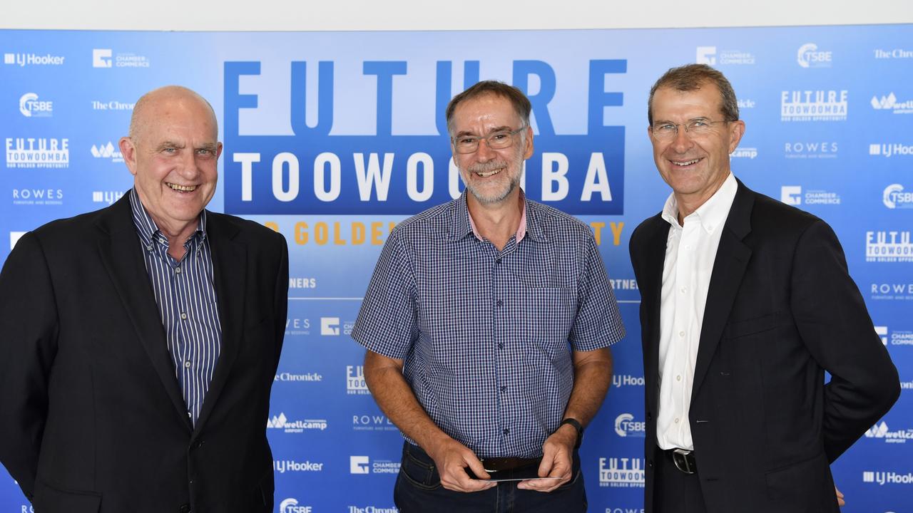 At Future Toowoomba lunch are (from left) Lew Rowling with John Rowe and Paul McMahon of Rowes at Wellcamp Airport, Friday, December 3, 2021. Picture: Kevin Farmer