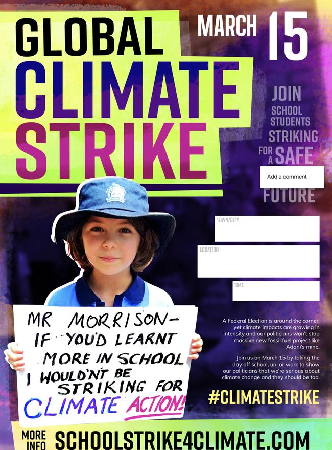 A template poster provided by organisers of the School Strike For Climate Justice promoting a national school student strike on March 15, 2019. 