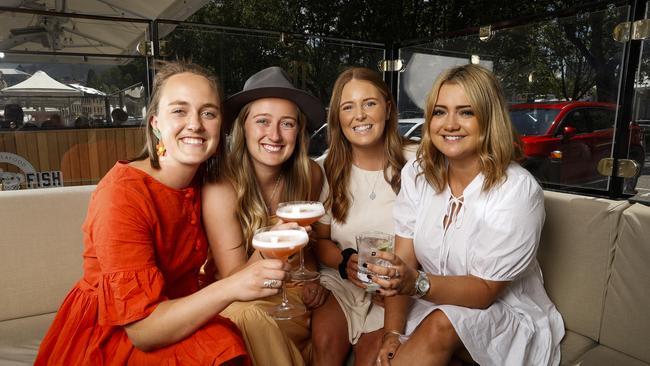 Millie von Stieglitz, Kate von Stieglitz, Savannah Holwill and Annabel Eastoe enjoy afternoon drinks along Salamanca Place. Picture: Zak Simmonds