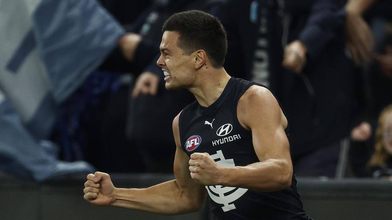 MELBOURNE, AUSTRALIA – JULY 15: Jack Silvagni of the Blues celebrates kicking a goal during the round 18 AFL match between Carlton Blues and Port Adelaide Power at Marvel Stadium, on July 15, 2023, in Melbourne, Australia. (Photo by Daniel Pockett/Getty Images)