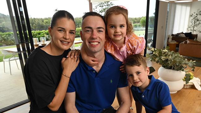 30/9/2024:  Pro jockey Jimmy Orman and his family, wife Heidi, Floyd 4 and Hallie 3 at the home they are selling in Nudgee, Brisbane .pic: Lyndon Mechielsen/Courier Mail