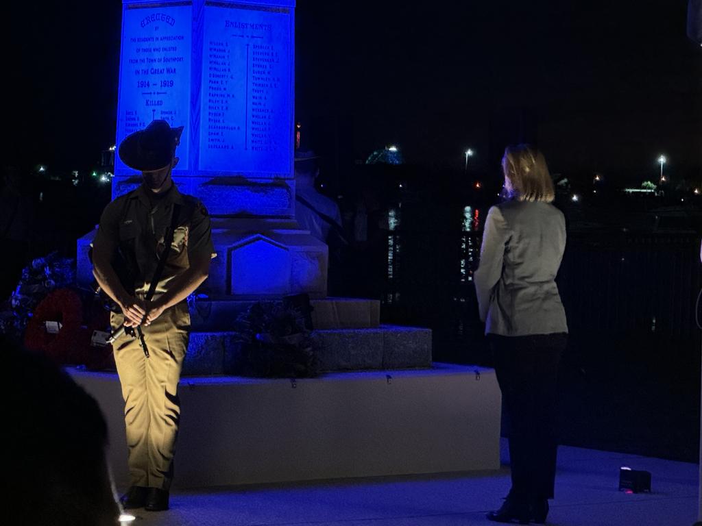 Veterans, local Gold Coast councillors (Cr Brooke Patterson, right), politicians and community leaders laid wreaths at the base of the Southport memorial statue. Photo: Amaani Siddeek,