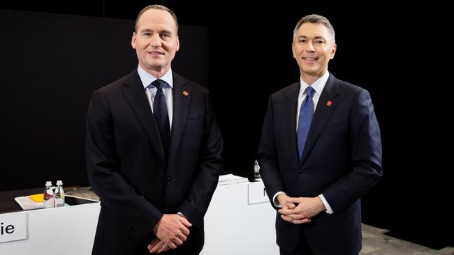 BHP chairman Ken MacKenzie and chief executive Mike Henry at Thursday’s annual meeting. Picture: Thomas Graham